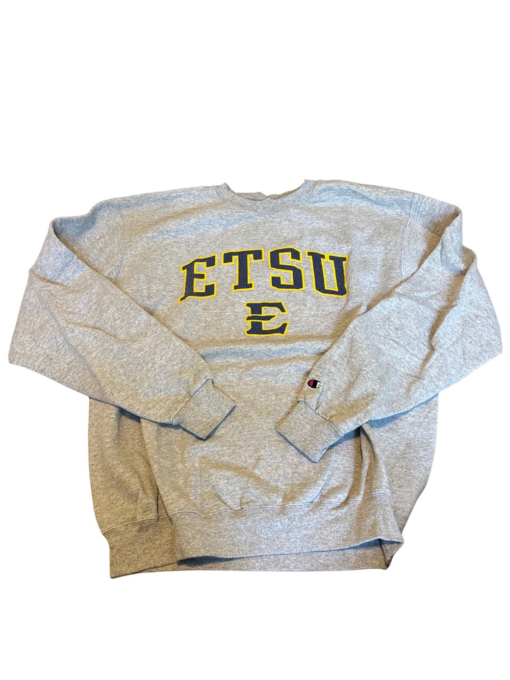 Champion Gray Crewneck with Yellow & Navy ETSU Logo